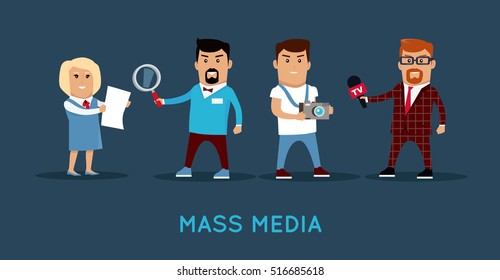 Mass media workers characters vector. Flat style design. TV reporter, journalist, photographer, investigator illustration. Media profession concept banner for web design, avatars, infographic.