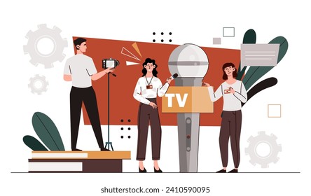 Concepto de trabajadores de medios masivos. Hombre con cámara y mujeres con micrófono. Reporte periodístico. Información y conocimiento en programa de televisión. Dibujo vectorial plano de dibujos animados aislado en fondo blanco