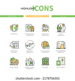 Mass migration - modern line design style icons set. Green and yellow images of international population changes, family and societies emigrate, visa and passport, moving from city to countryside