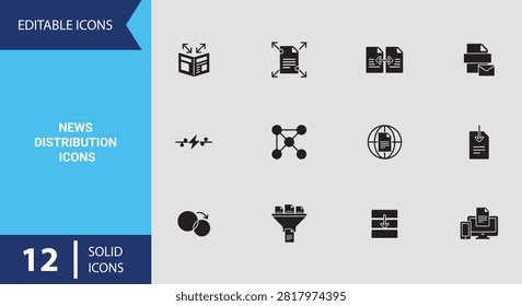 Mass news distribution solid icons displaying content delivery channels, syndicated media networks, global press routing, and automated newsfeed dissemination symbols.