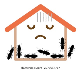 Mass outbreak of termites. A swarm of termites and a house in a cartoon style.