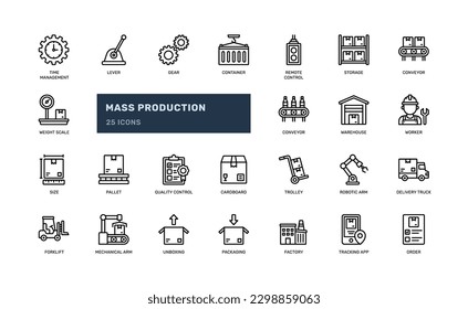 Mass Production automation factory with shipping and delivery detailed outline line icon set