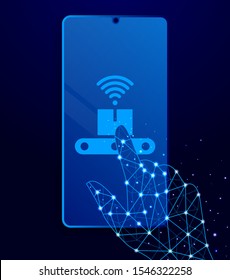 Mass production, conveyor man touch phone. Polygon style touch phone vector