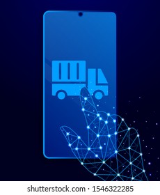 Mass production, delivery truck touch phone. Polygon style touch phone vector