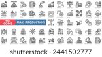 Mass production icon collection set. Containing assembly line, efficiency, standardization, automation, conveyor belt, replication, economies of scale icon. Simple line vector.