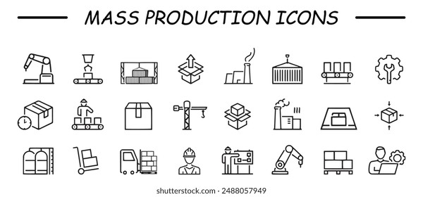 Conjunto de colección de iconos de producción en masa. Conteniendo línea de montaje, eficiencia, estandarización, automatización, cinta transportadora, replicación, economías de escala icono. Vector de línea simple.