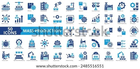 Mass production icon collection set. Containing assembly line, efficiency, standardization, automation, conveyor belt, replication, economies of scale icon. Simple flat vector.