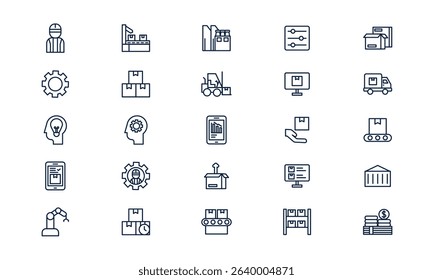 Mass production icon illustrating automated manufacturing and large-scale industrial process in outline style