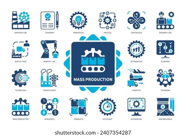 Symbolsatz für Massenproduktion. Produktion, Effizienz, Standards, Innovation, Automatisierung, Ressourcen, Montagelinien, Technologie. Duotone-Farbsymbole