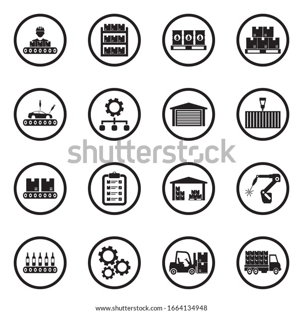 Mass Production Icons. Black Flat Design In\
Circle. Vector\
Illustration.