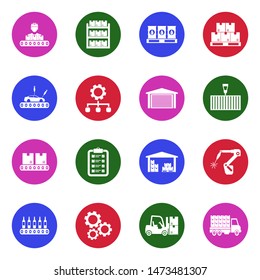 Mass Production Icons. White Flat Design In Circle. Vector Illustration.