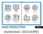 Mass production infographics elements set. Factory, efficiency, standards, innovation, automation, optimization, assembly line, technology. Web vector linear icons collection