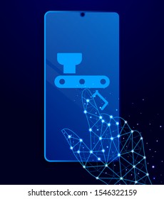 Mass production, mechanical arm touch phone. Polygon style touch phone vector