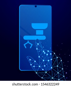 Mass production, mechanical arm touch phone. Polygon style touch phone vector