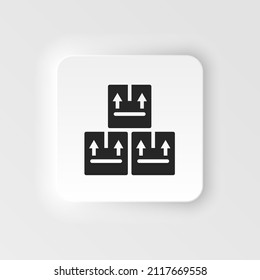 Producción masiva, tres cajas almacenadas para la entrega de un icono de vector de estilo neumórfico. Producción masiva, tres cajas almacenadas para la entrega del icono del vector de estilo neumórfico