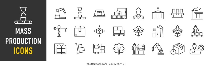 Mass Production web icons in line style. Robot, productive, workflow, industrial, automation, collection. Vector illustration.