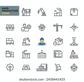 Estilo de línea de iconos web de producción en masa. Colección, automatización, flujo de trabajo, robot, productivo, industrial. Ilustración vectorial. Imágenes producidas sin el uso de ninguna forma de IA. software