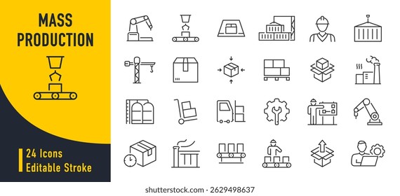 Ícones da Web Produção em massa no estilo de linha. Robô, produtivo, fluxo de trabalho, industrial, automação, coleta. Ilustração vetorial.