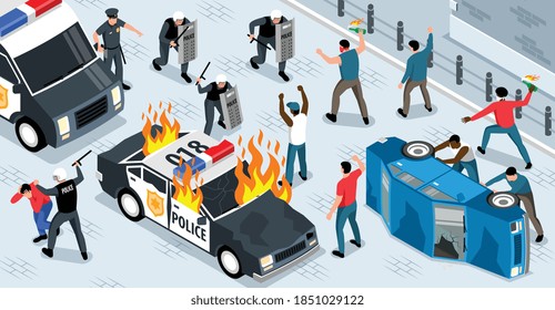 Acción masiva de protesta con activistas furiosos quemando a oficiales de autos de la policía armados con escudos y porras Iluminación vectorial isométrica 3d