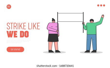 Mass Protest Action Concept. Website Landing Page. Characters Are Striking Holding Big Protest Banner. People Demonstrating Together. Web Page Cartoon Linear Outline Flat Style Vector Illustration