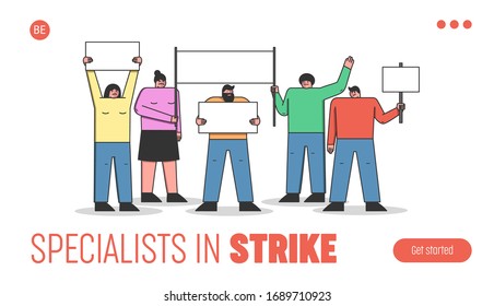 Mass Protest Action Concept. Website Landing Page. Group Of Dissatisfied People Are Protesting Outdoor. Characters Are Demonstrating Together. Web Page Cartoon Linear Outline Flat Vector Illustration