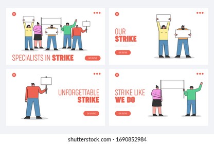 Mass Protest Action Concept. Website Landing Page. Group Of People Are Protesting Holding Banners. Political Conflict, Rights Protecting. Web Page Cartoon Linear Outline Flat Vector Illustrations Set
