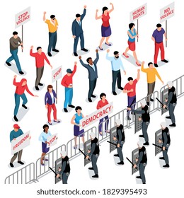 Acción masiva de protesta con multitud sosteniendo afiches y oficiales de policía armados 3d ilustración vectorial isométrica