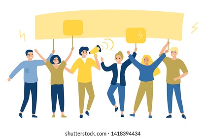 Mass protest, group of young adults people claiming their demands. Men and women hold signs of protest. Disagreement, manifestation, confrontation, statement of their rights. Vector illustration