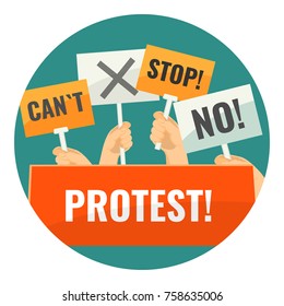 Mass protest with negative cardboard signs on sticks
