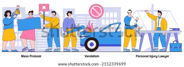 Mass protest, vandalism, personal injury lawyer\
concepts with people characters. Riots outrage illustrations pack.\
Demonstration, political rights, racial equity, law enforcement,\
damage metaphor.