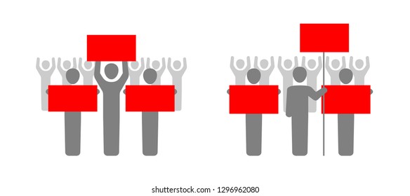 Mass protests - group of people with banners and placards put forward their demands - vector icon in two variations