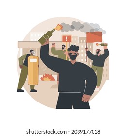 Mass riots abstract concept vector illustration. Public protest, demonstration, political activism, mass unrest, street action, meeting, vandalism and looting, curfew abstract metaphor.