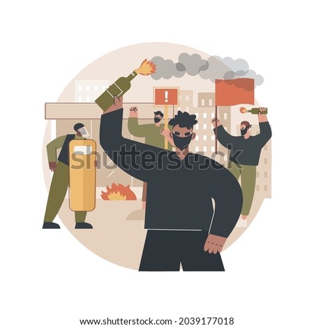Mass riots abstract concept vector illustration. Public protest, demonstration, political activism, mass unrest, street action, meeting, vandalism and looting, curfew abstract metaphor.