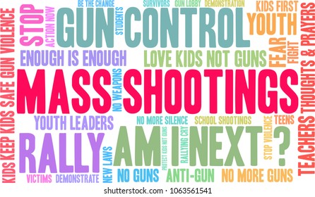 Mass Shootings word cloud on a white background. 