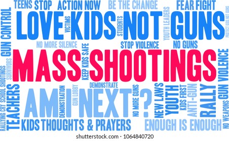 Mass Shootings word cloud on a white background. 