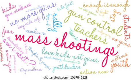 Mass Shootings word cloud on a white background. 