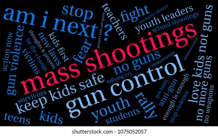 Mass Shootings word cloud on a black background. 
