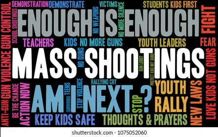 Mass Shootings word cloud on a black background. 