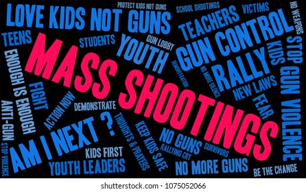Mass Shootings word cloud on a black background. 