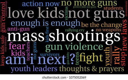 Mass Shootings word cloud on a black background. 
