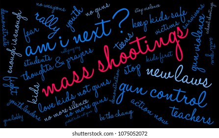 Mass Shootings word cloud on a black background. 