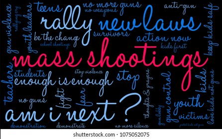 Mass Shootings word cloud on a black background. 