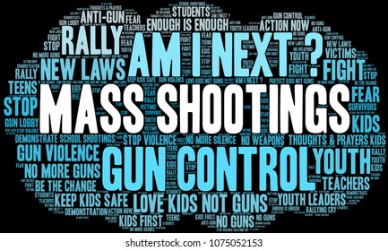Mass Shootings word cloud on a black background. 