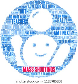 Mass Shootings word cloud on a white background. 