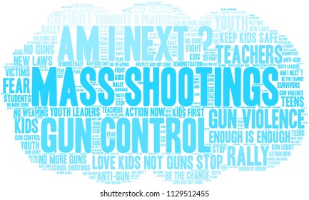 Mass Shootings word cloud on a white background. 