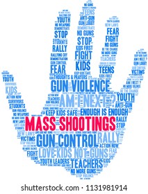 Mass Shootings word cloud on a white background. 