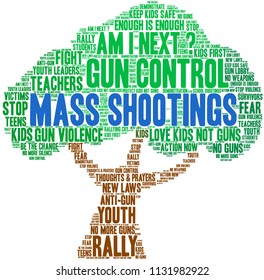 Mass Shootings word cloud on a white background. 