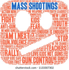 Mass Shootings word cloud on a white background. 