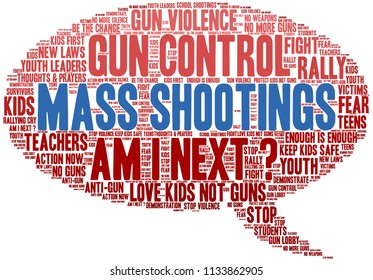 Mass Shootings word cloud on a white background. 