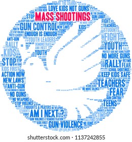 Mass Shootings word cloud on a white background. 